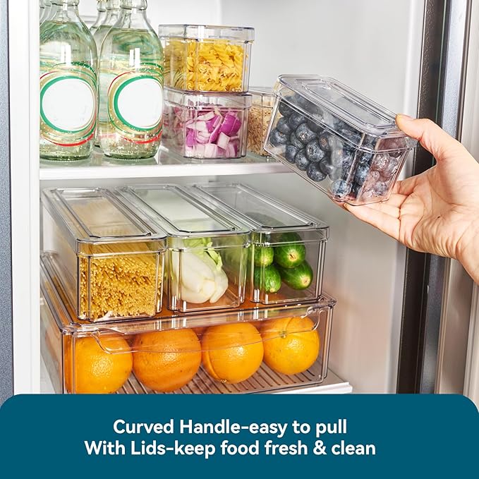 10 Pack Clear Fridge Organizer, Stackable Refrigerator Organizer Bins with Lids, Fridge Storage Containers for Kitchen, Food, Cabinets, Fruits, Vegetables, Cereals