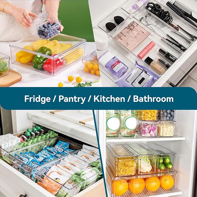 10 Pack Clear Fridge Organizer, Stackable Refrigerator Organizer Bins with Lids, Fridge Storage Containers for Kitchen, Food, Cabinets, Fruits, Vegetables, Cereals