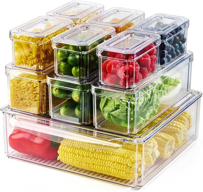 10 Pack Clear Fridge Organizer, Stackable Refrigerator Organizer Bins with Lids, Fridge Storage Containers for Kitchen, Food, Cabinets, Fruits, Vegetables, Cereals
