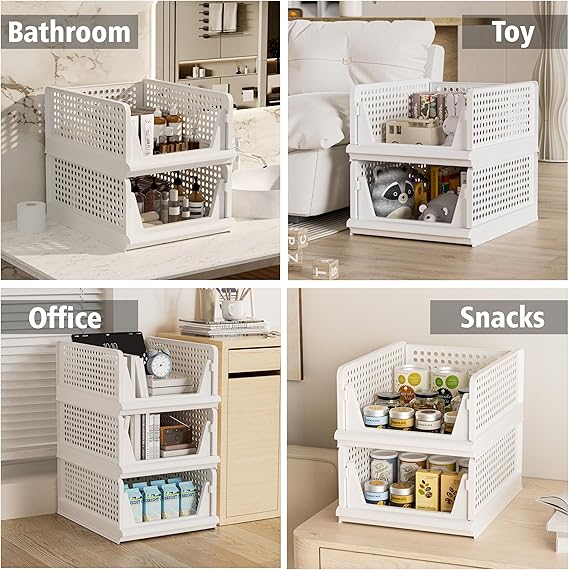 Stackable Plastic Storage Basket Closet Organizer Bin Foldable Clothes Organizer Storage Drawer Shelf Container for Living Room Bathroom Kitchen Office