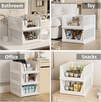 Stackable Plastic Storage Basket Closet Organizer Bin Foldable Clothes Organizer Storage Drawer Shelf Container for Living Room Bathroom Kitchen Office